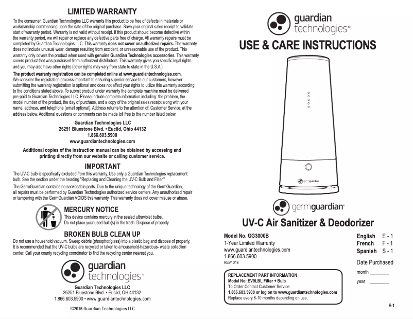 Page 1 de la notice Manuel utilisateur Guardian GG3000B