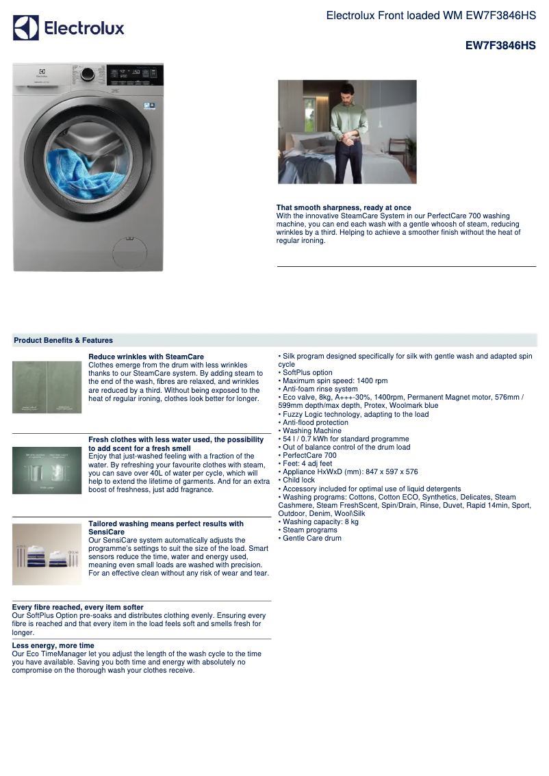 Page 1 de la notice Fiche technique Electrolux EW7F3846HS