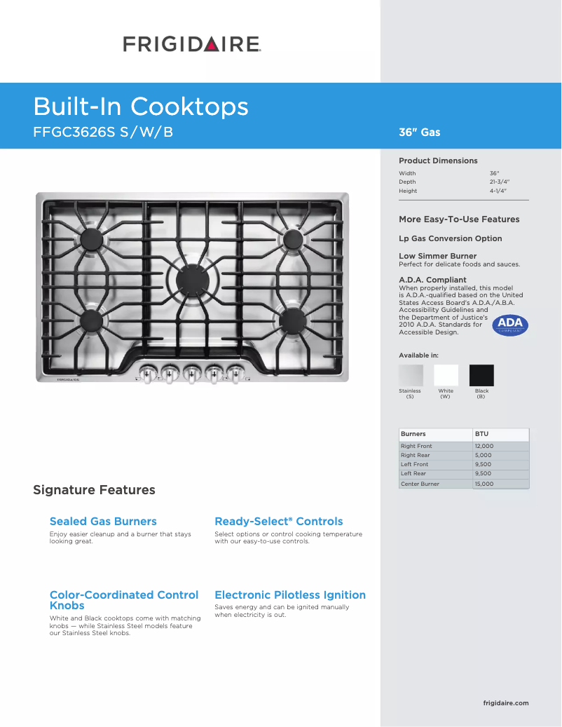 Page 1 de la notice Fiche technique Frigidaire FFGC3626SB