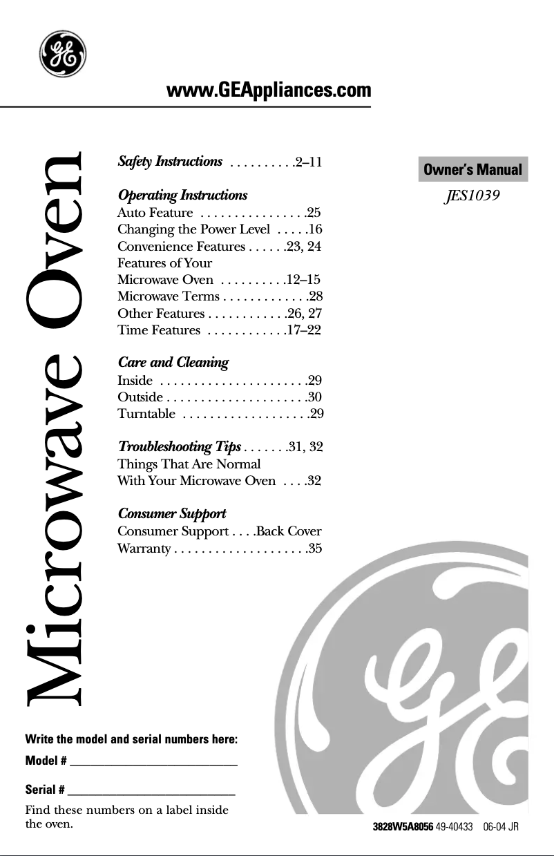 Page 1 de la notice Guide d'installation GE JES1039WJ