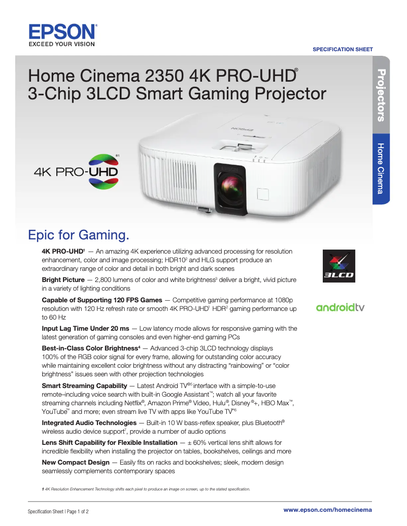 Página 1 del manual Ficha técnica Epson Home Cinema 2350