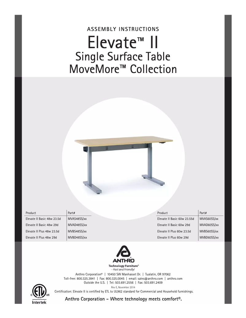 Page 1 de la notice Manuel utilisateur Anthro Elevate II