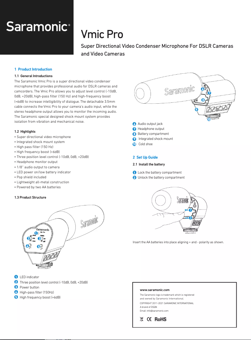 Page 1 de la notice Manuel utilisateur Saramonic Vmic Pro