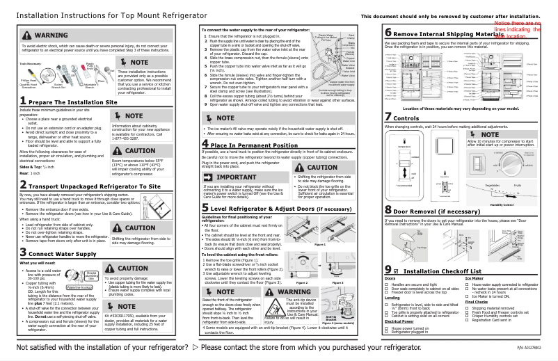 Page 1 de la notice Guide d'installation Frigidaire FFTR1621QB