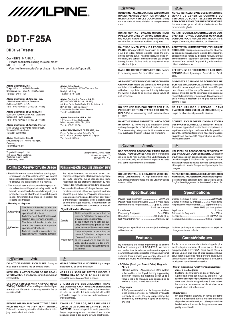 Page n°1 - Manuel utilisateur Alpine DDT-F25A