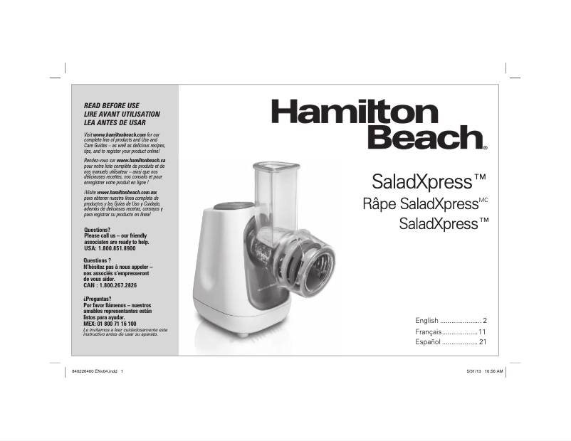 Page 1 de la notice Manuel utilisateur Hamilton Beach 70950 SaladXpress