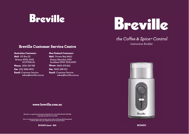 Page n°1 - Manuel utilisateur Breville the Coffee & Spice Control BCG300