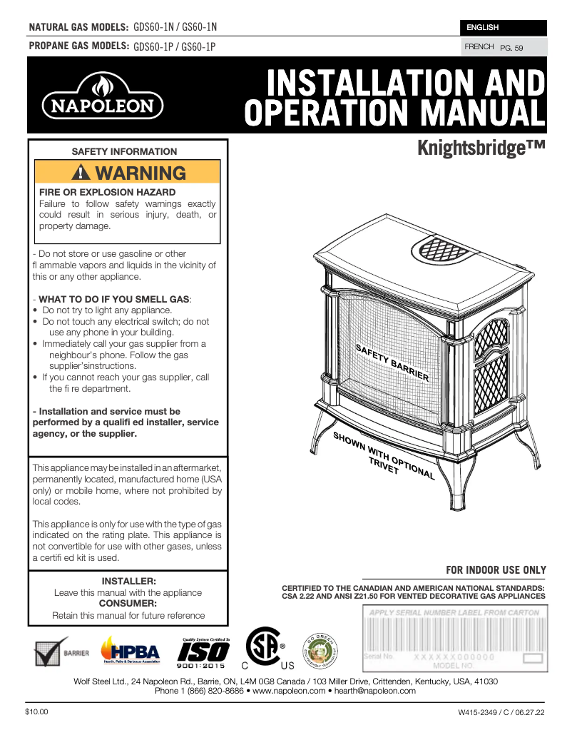 Página 1 del manual Manual de usuario Napoleon Knightsbridge GDS60