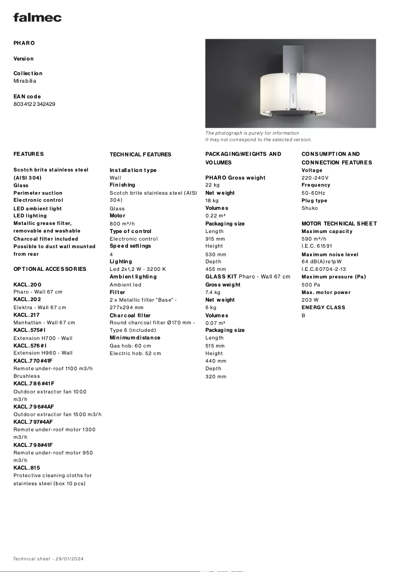 Page 1 de la notice Fiche technique Falmec Pharo