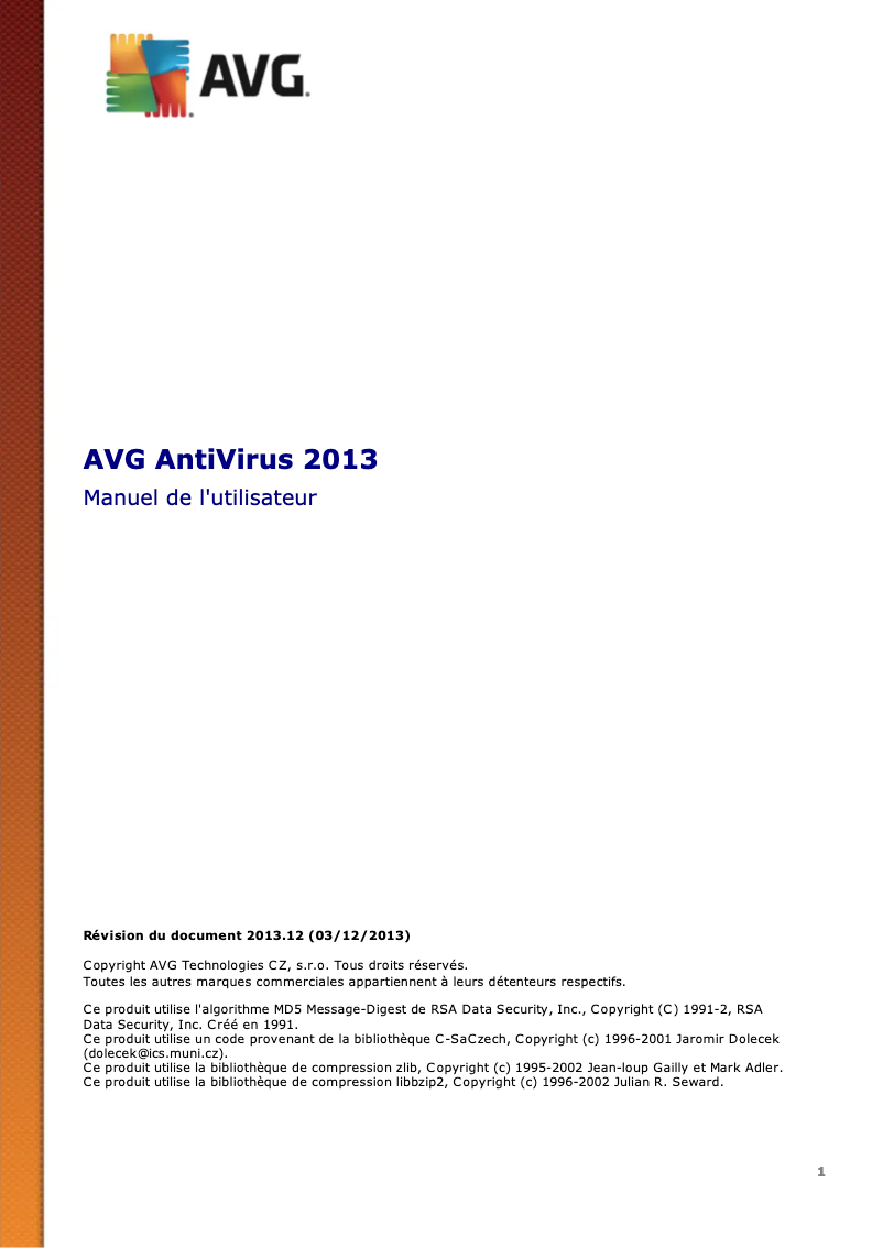 Page 1 de la notice Manuel utilisateur AVG AntiVirus (2013)