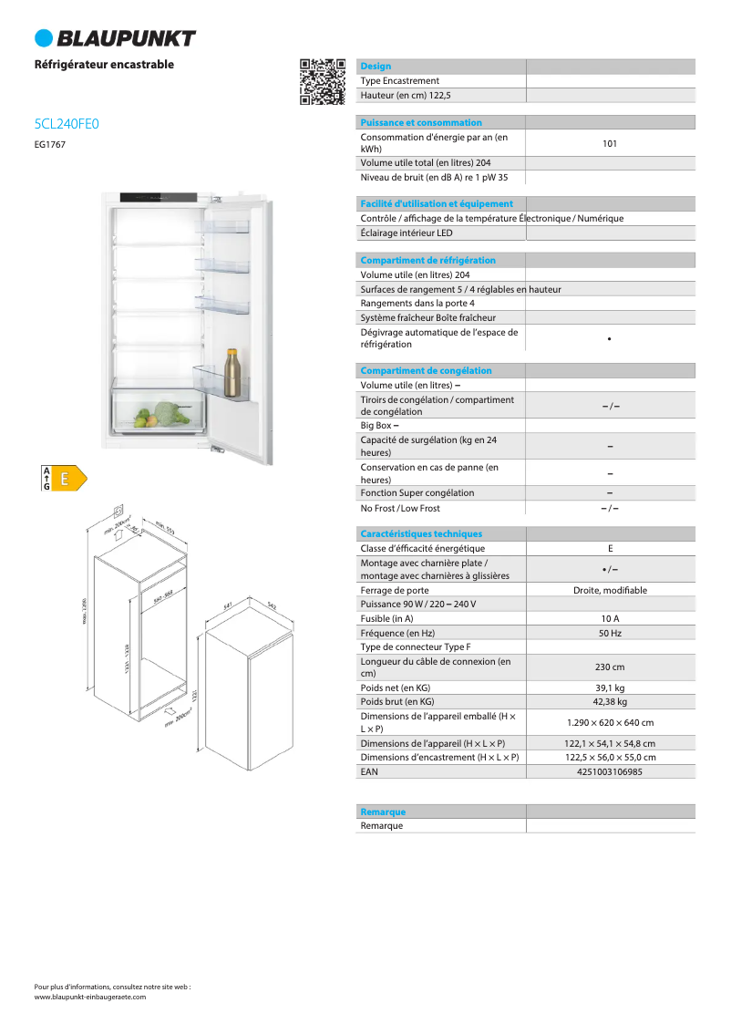 Page n°1 - Fiche technique Blaupunkt 5CL240FE0