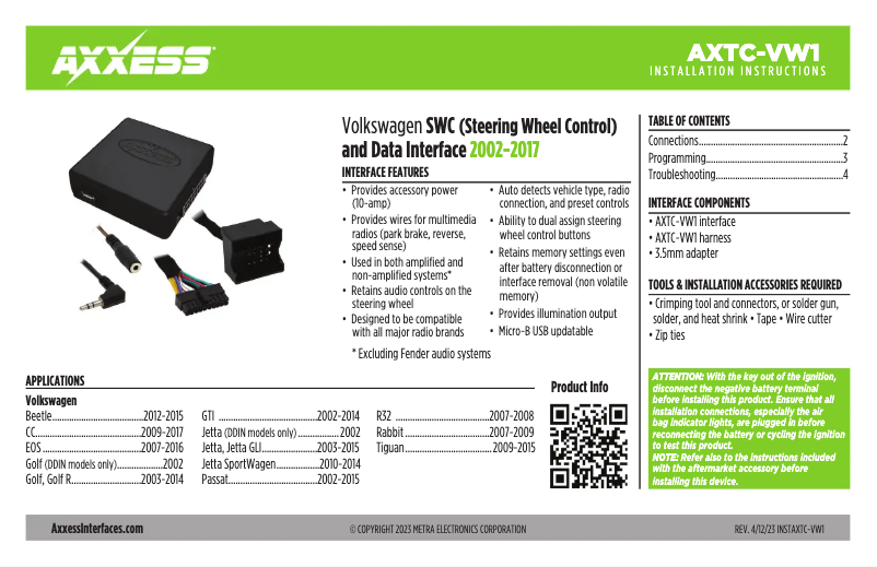 Page 1 de la notice Manuel utilisateur AXESS AXTC-VW1