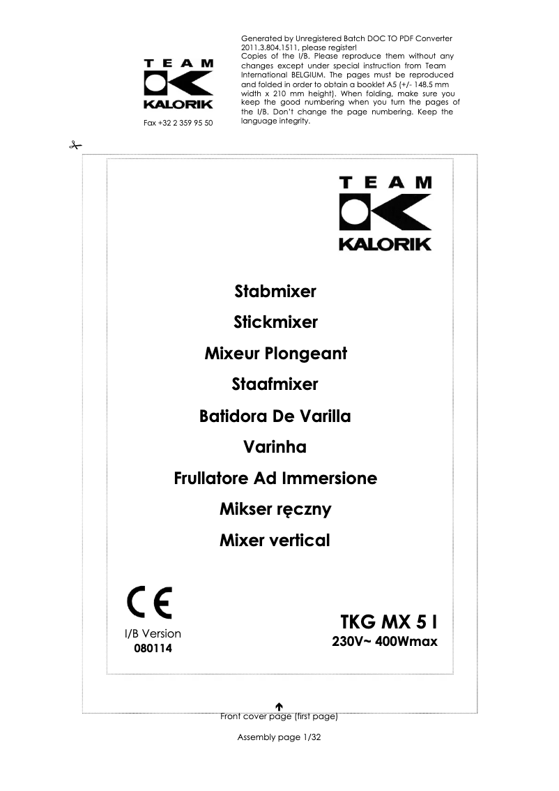 Page 1 de la notice Manuel utilisateur Kalorik TKG MX 5 I