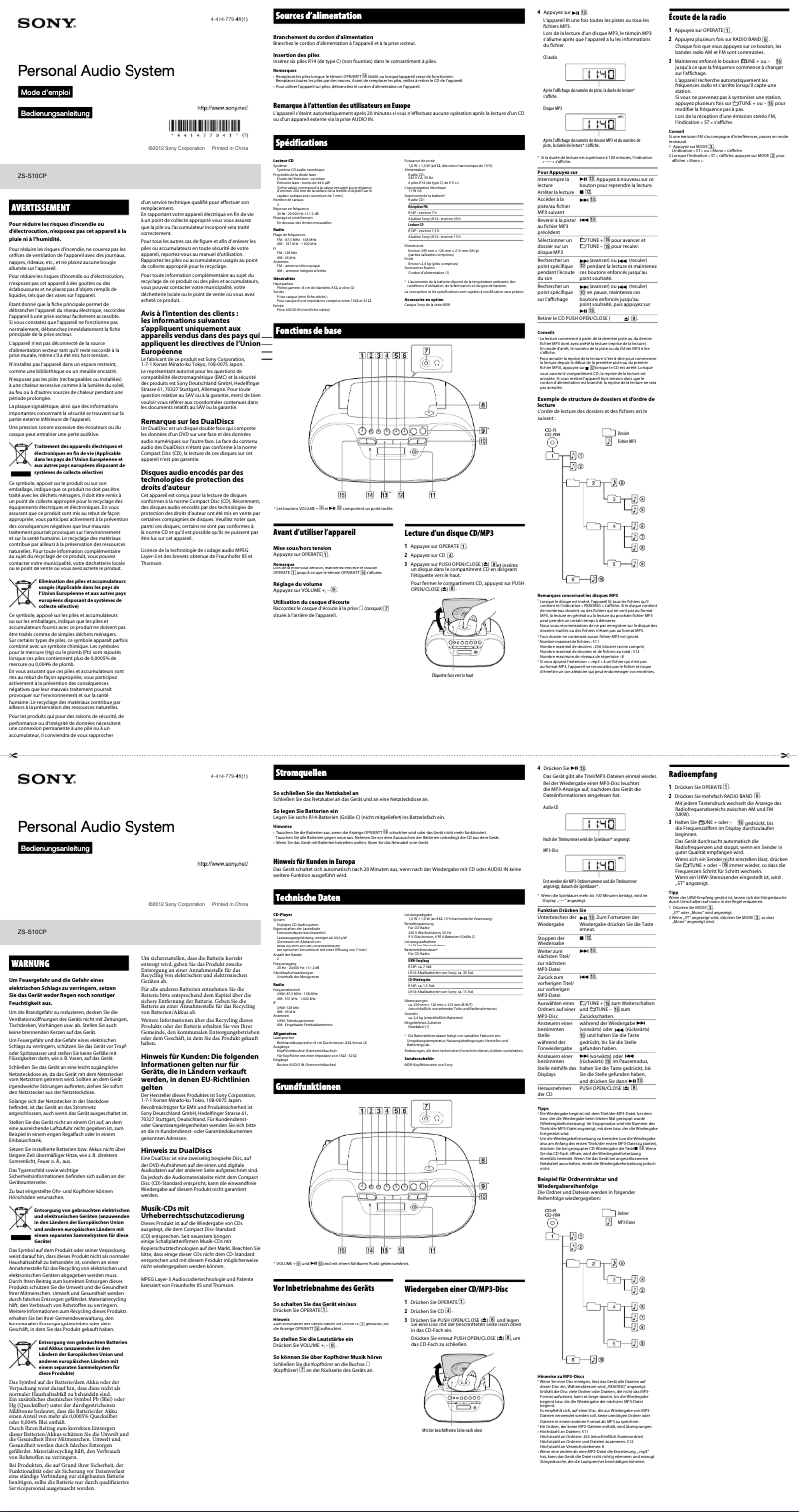 Page 1 de la notice Manuel utilisateur Sony ZS-S10CP