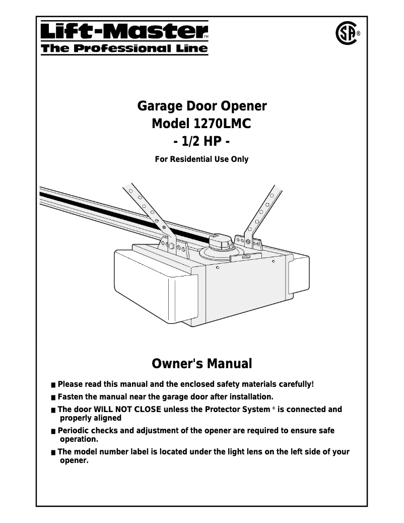 Page n°1 - Manuel utilisateur LiftMaster 1270LMC