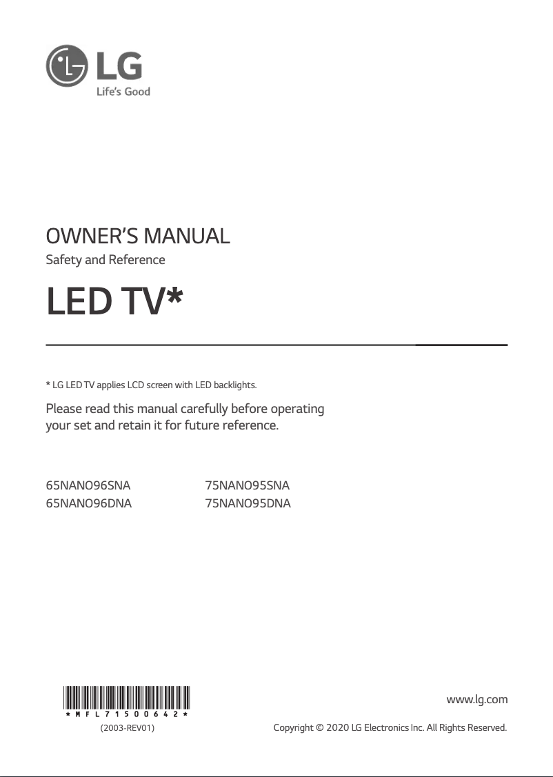 Page 1 de la notice Manuel utilisateur LG 75NANO95DNA