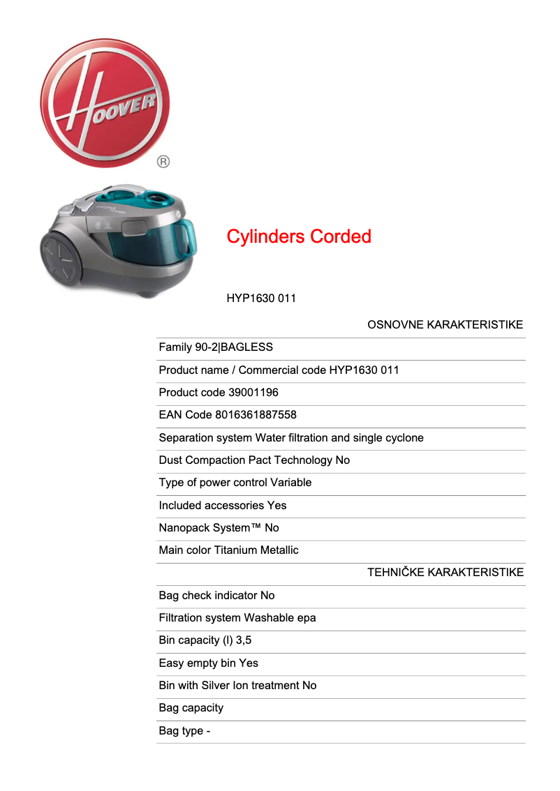 Página 1 del manual Ficha técnica Hoover HYP1630 011