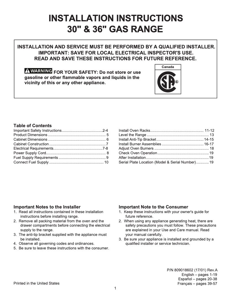 Page n°1 - Guide d'installation Electrolux ICON E36GF76TPS