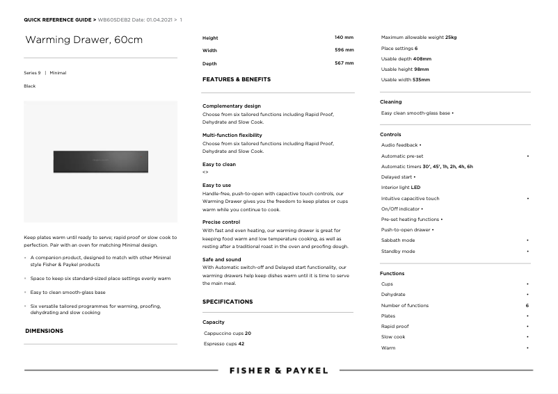 Página 1 del manual Ficha técnica Fisher & Paykel WB60SDEB2