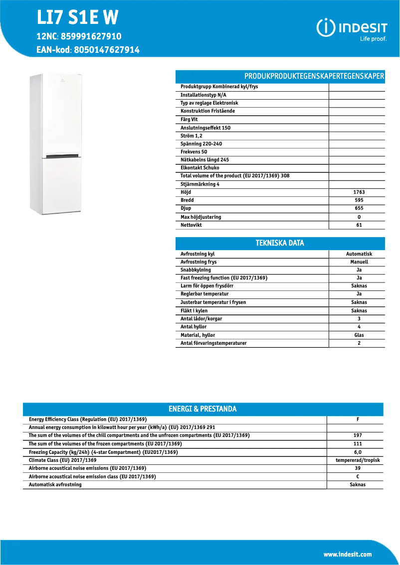 Page 1 de la notice Fiche technique Indesit LI7 S1E W