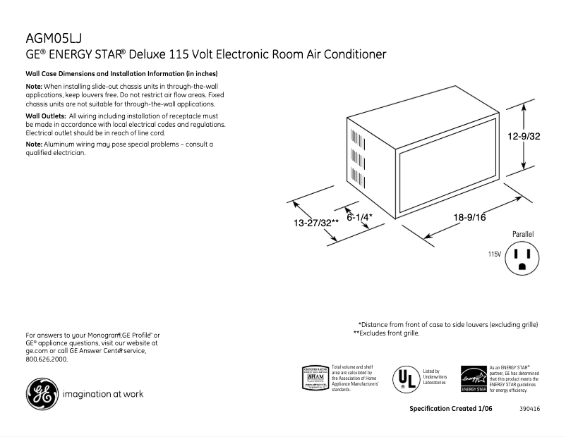 Page 1 de la notice Fiche technique GE AGM05LJ