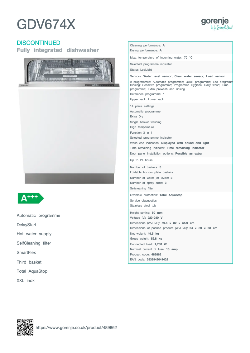 Page n°1 - Fiche technique Gorenje GDV674X