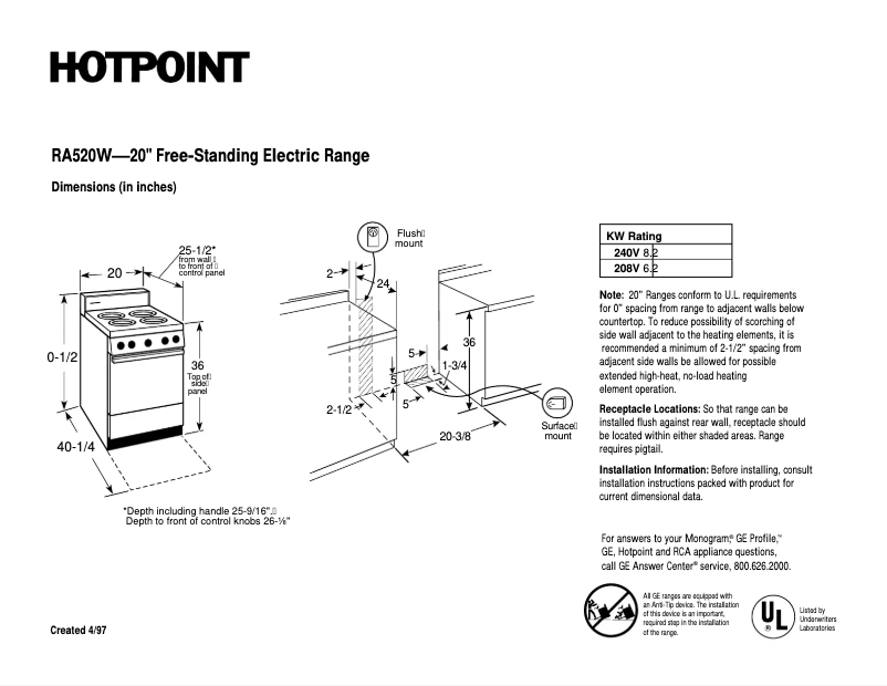 Page n°1 - Fiche technique Hotpoint RA520WAD