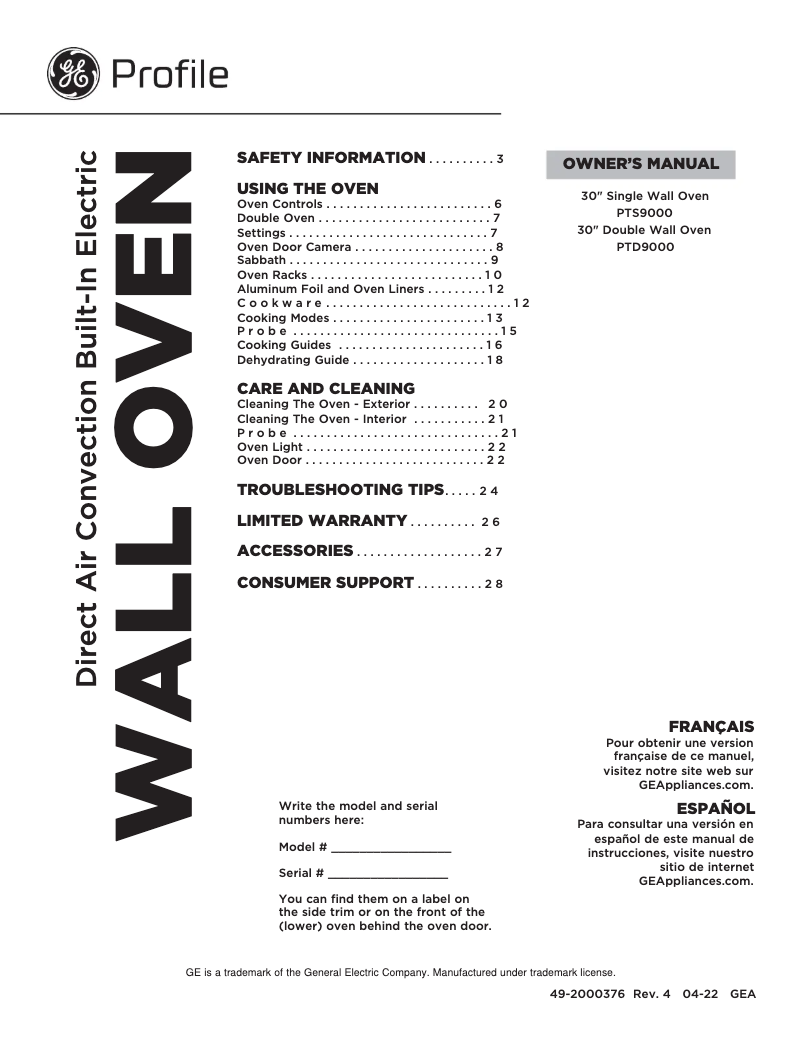Page 1 of the manual Use and Maintenance Manual GE PTD9000BNTS