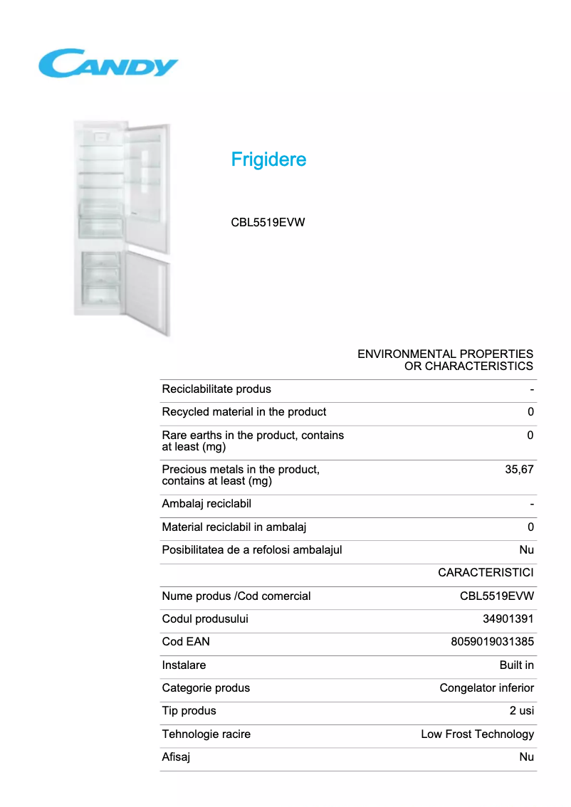 Page 1 de la notice Fiche technique Candy CBL5519EVW