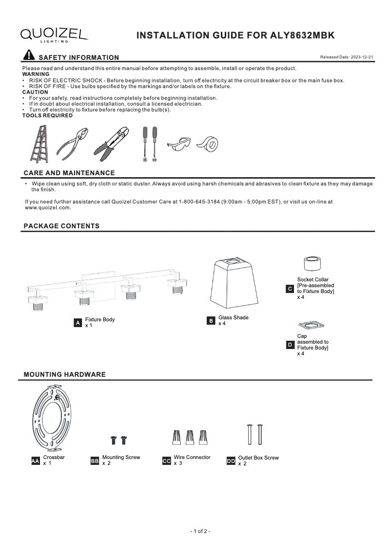 Page 1 de la notice Manuel utilisateur Quoizel Almany ALY8632MBK