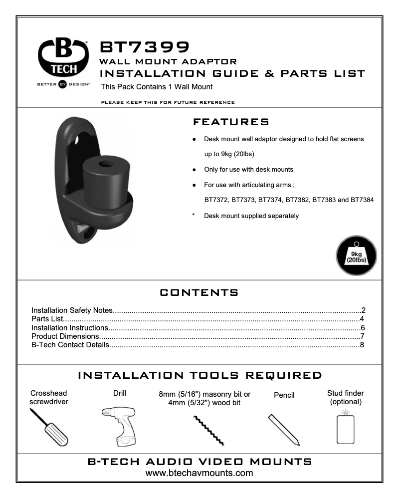 Page n°1 - Manuel utilisateur B-Tech BT7399