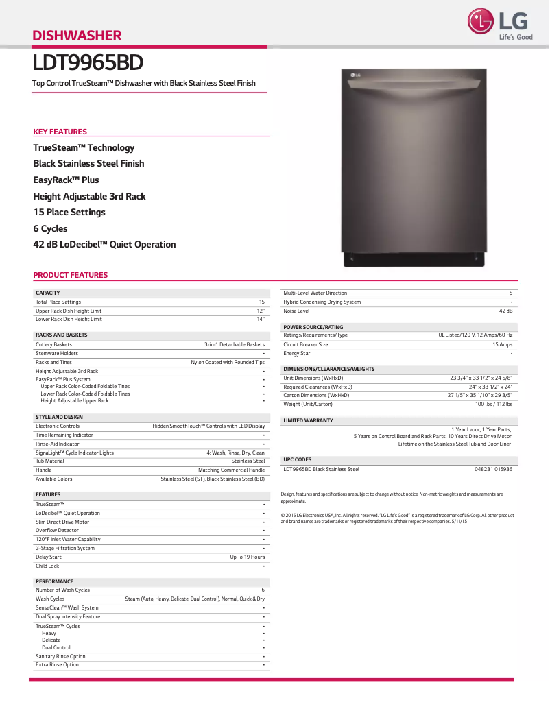 Page 1 de la notice Fiche technique LG LDT9965B