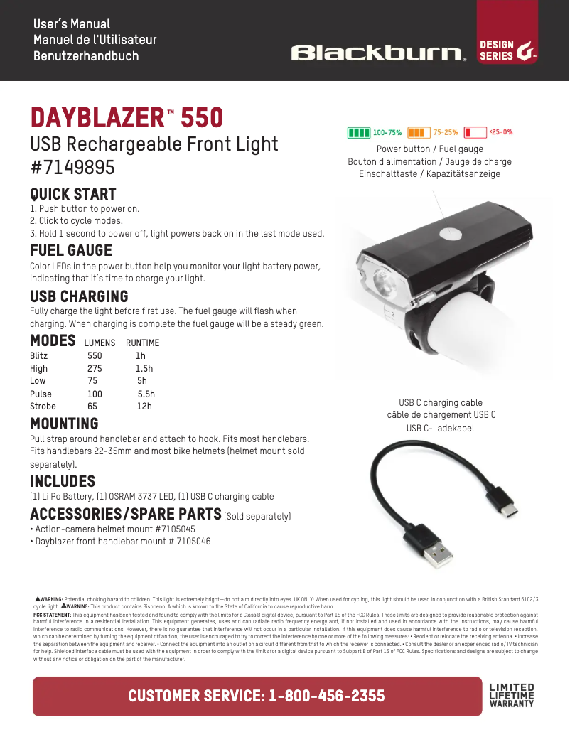 Page 1 de la notice Manuel utilisateur Blackburn Dayblazer 550