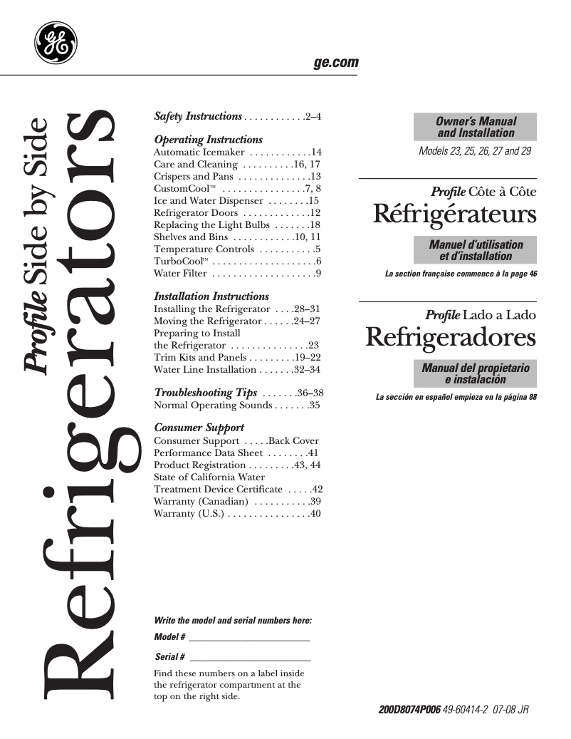 Page 1 de la notice Guide d'installation GE PSC23NSTSS