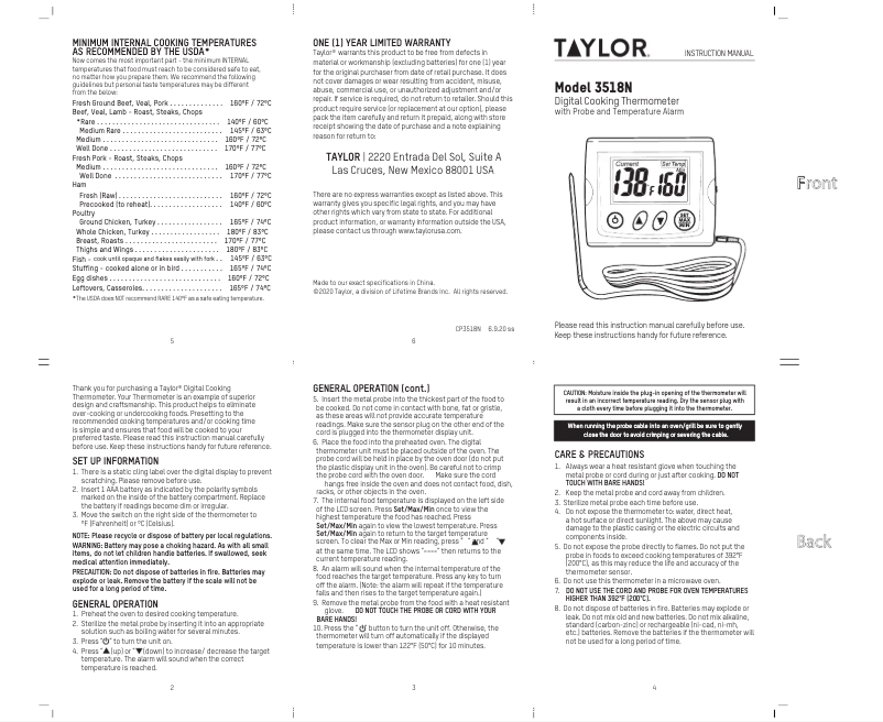 Page 1 de la notice Manuel utilisateur Taylor 3518N