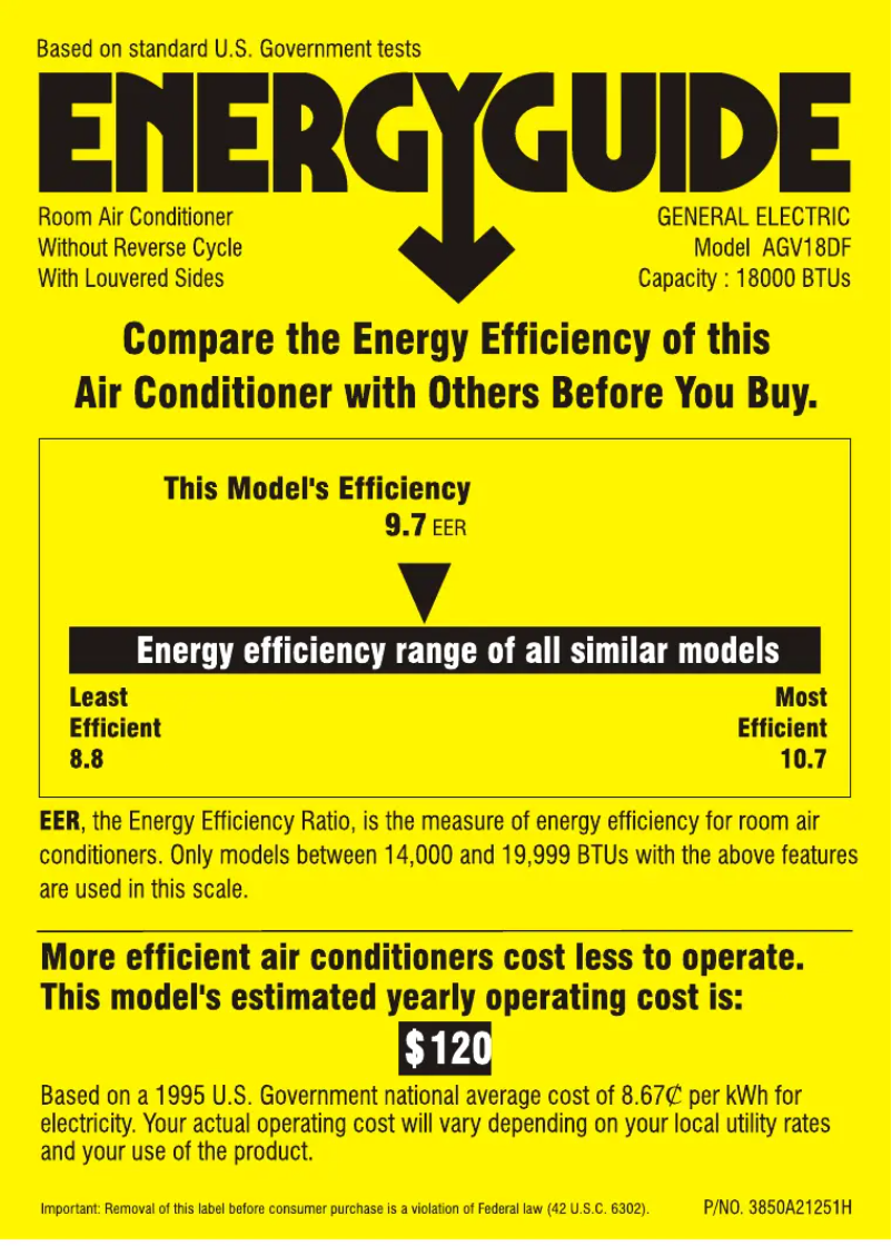 Page 1 de la notice Label énergétique GE AGV18DF