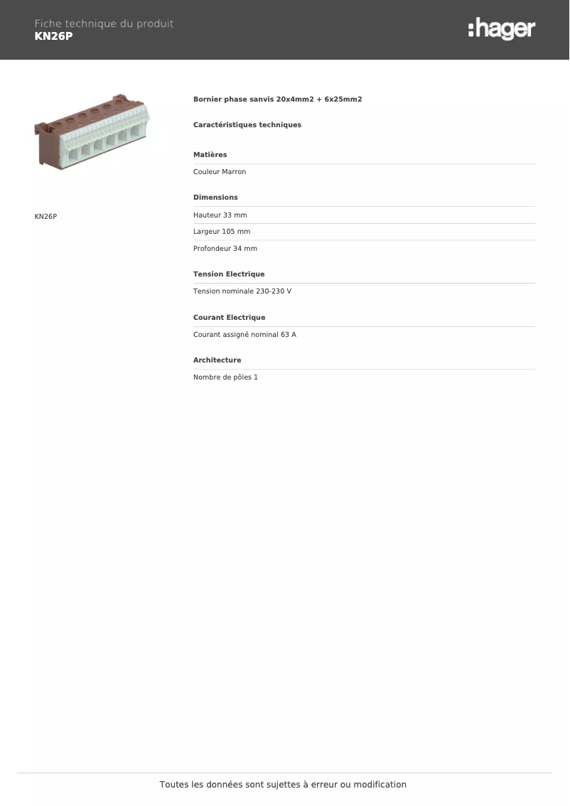 Page 1 de la notice Fiche technique Hager KN26P