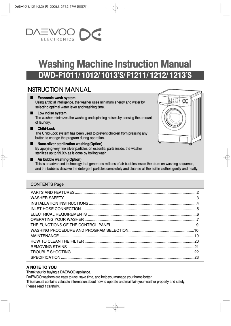 Page 1 de la notice Manuel utilisateur Daewoo DWD-F1211