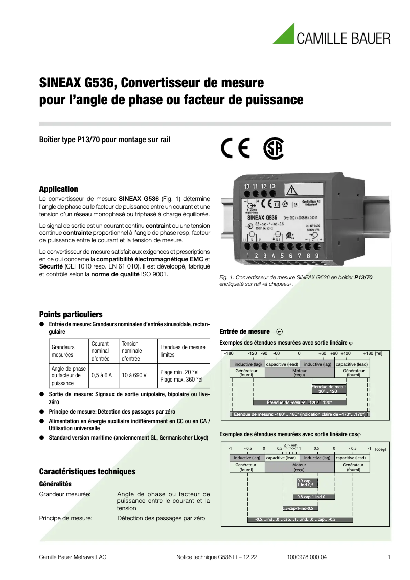 Page 1 de la notice Fiche technique Camille Bauer SINEAX G536