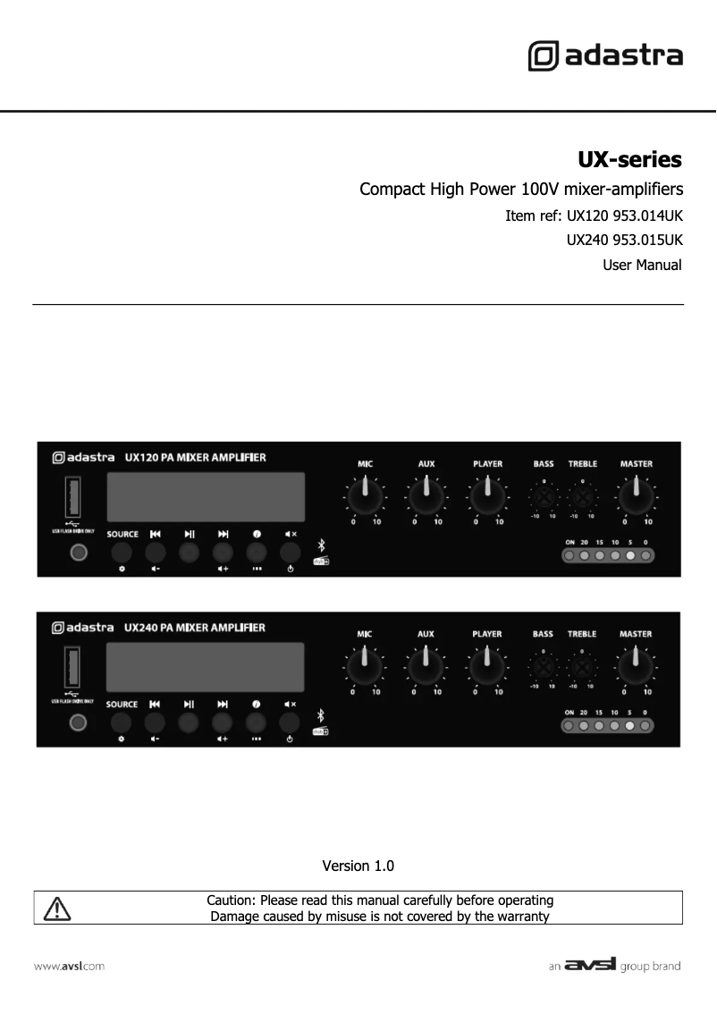 Page 1 de la notice Manuel utilisateur Adastra UX240