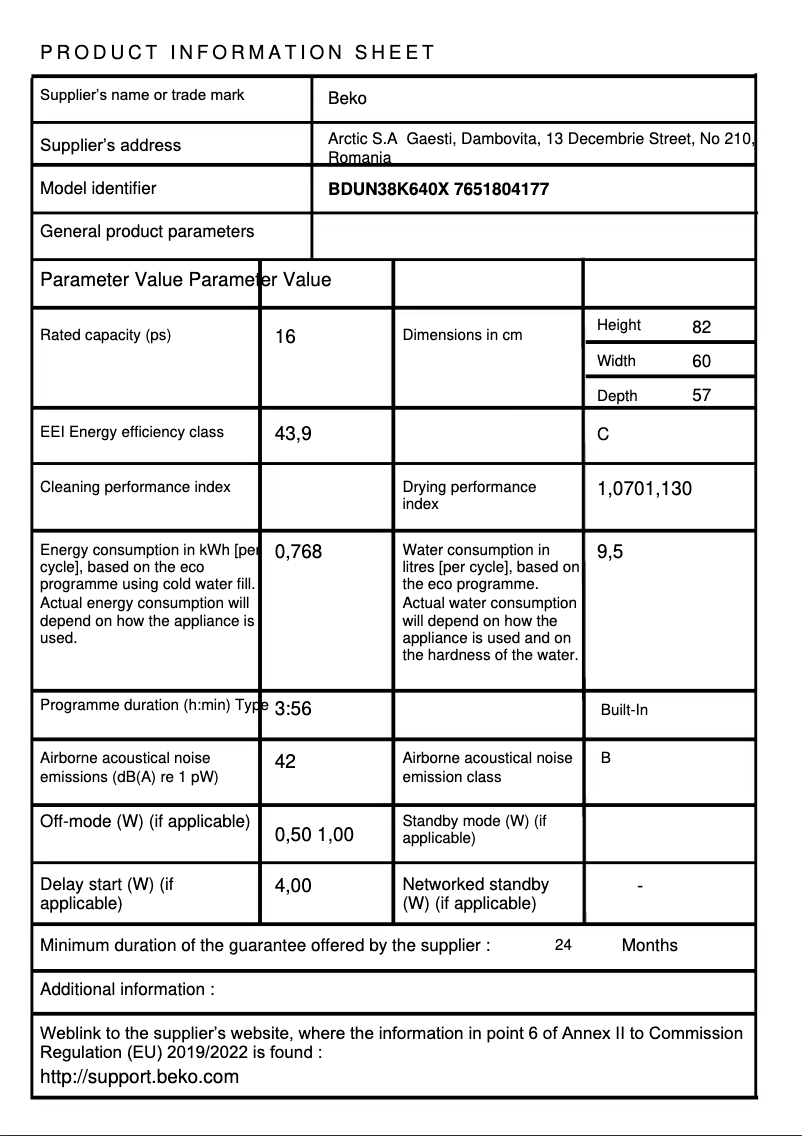 Page 1 de la notice Fiche technique Beko BDUN38K640X