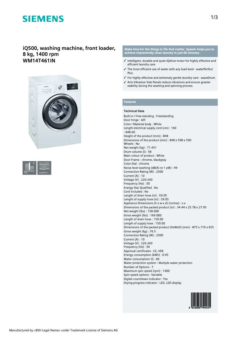 Page n°1 - Fiche technique Siemens WM14T461IN