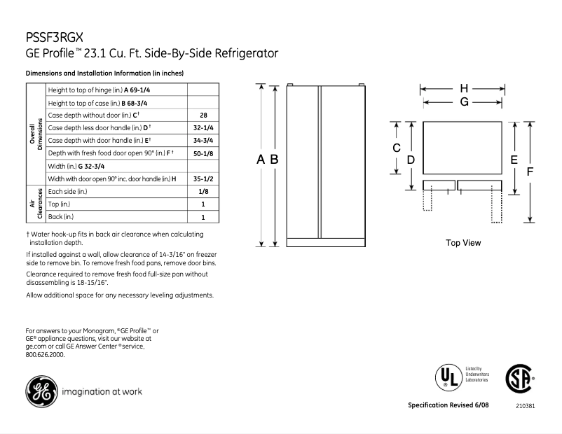 Page 1 de la notice Fiche technique GE Profile PSSF3RGXBB