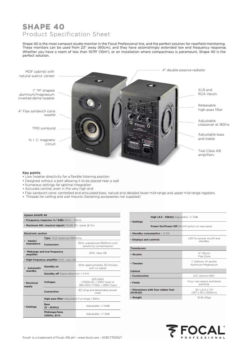 Page 1 de la notice Fiche technique Focal Shape 40