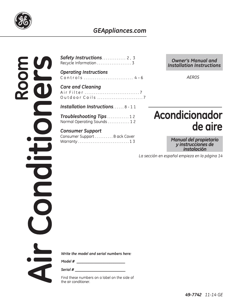 Page n°1 - Manuel d'utilisation et d'entretien GE AER05LV