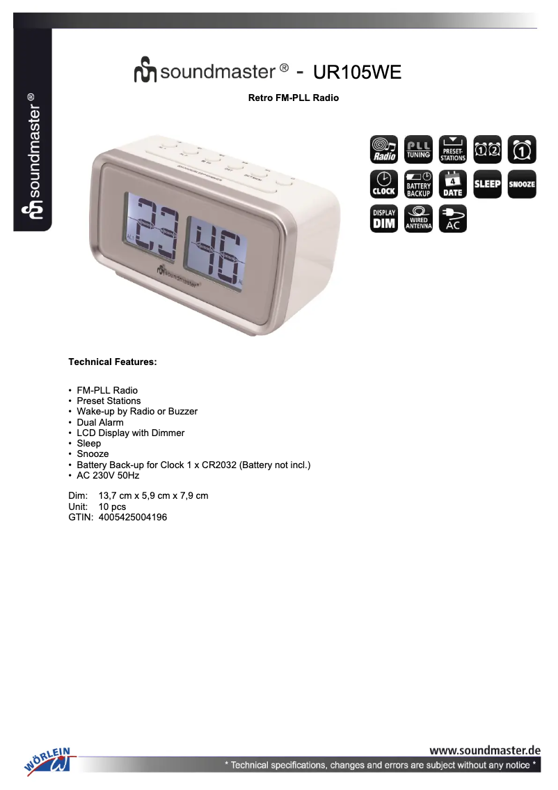 Page 1 de la notice Fiche technique Soundmaster UR105WE