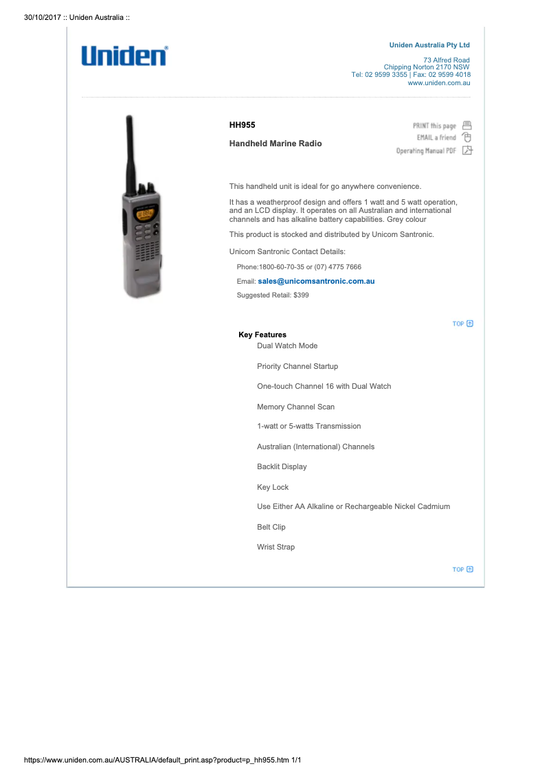 Page 1 de la notice Manuel utilisateur Uniden HH955