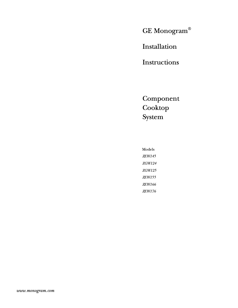 Page n°1 - Guide d'installation GE ZEW166YSS