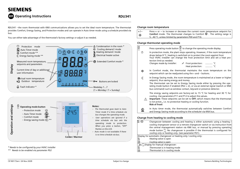 Page 1 de la notice Manuel utilisateur Siemens RDU341