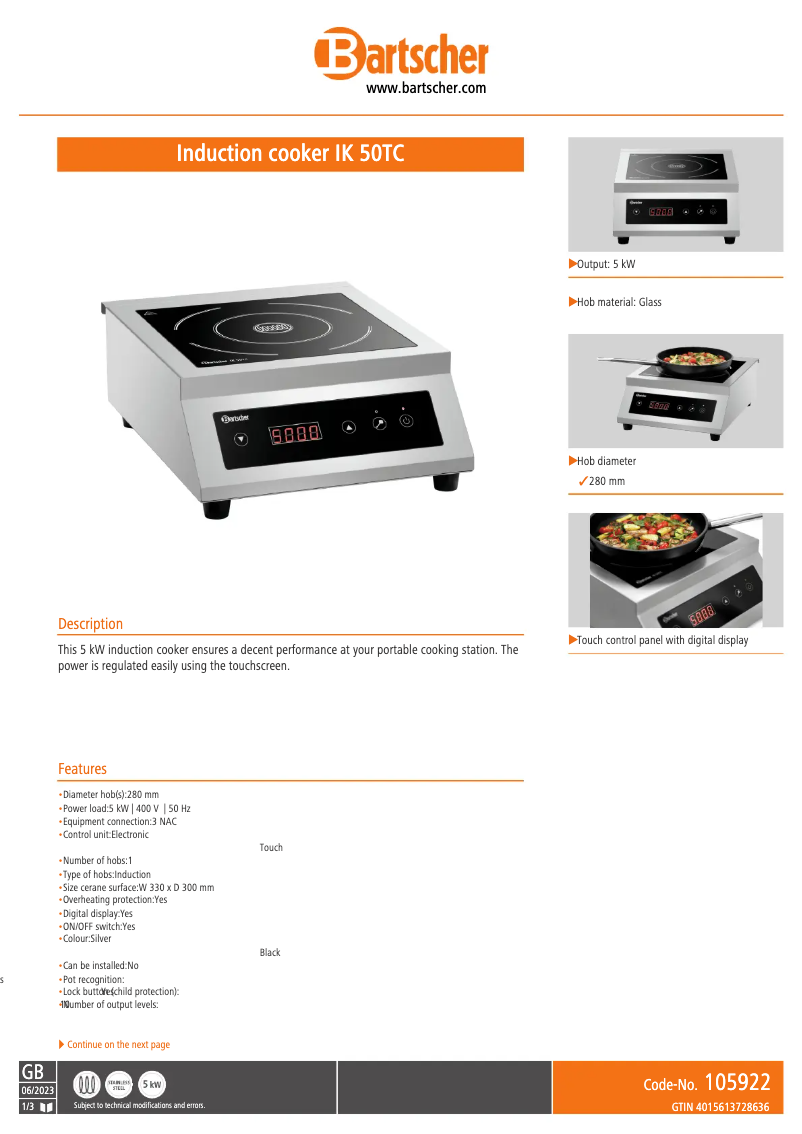 Page 1 de la notice Fiche technique Bartscher IK 50TC
